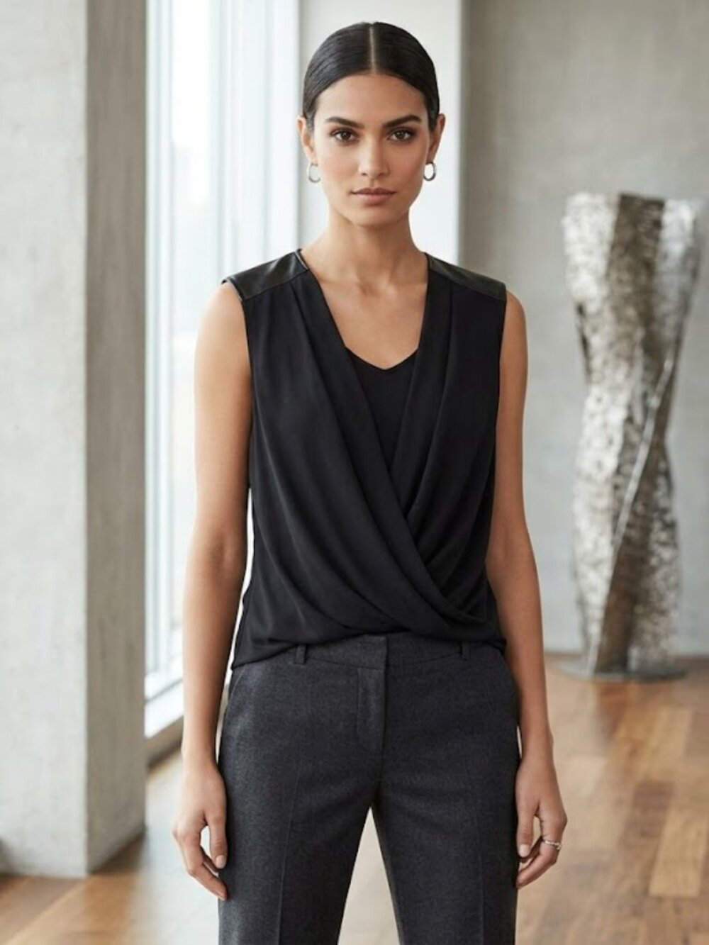 BCBG Antonella Twist Front Leather Blouse Medium